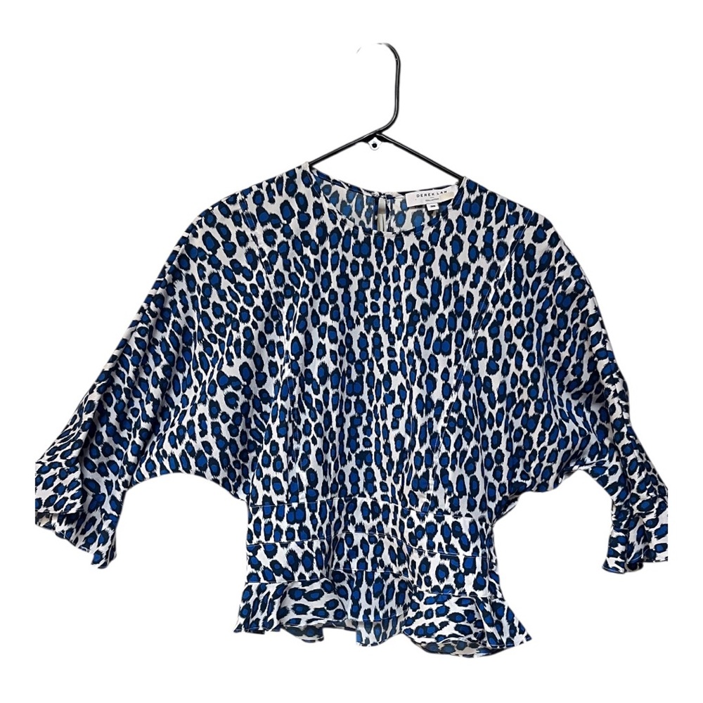 Derek Lam Leopard Ruffle Hem and Sleeves Blue and White Patterned Blouse